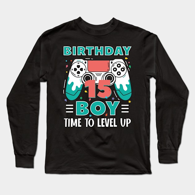 15th Birthday Boy Gamer Funny B-day Gift For Boys kids toddlers Long Sleeve T-Shirt by Los San Der